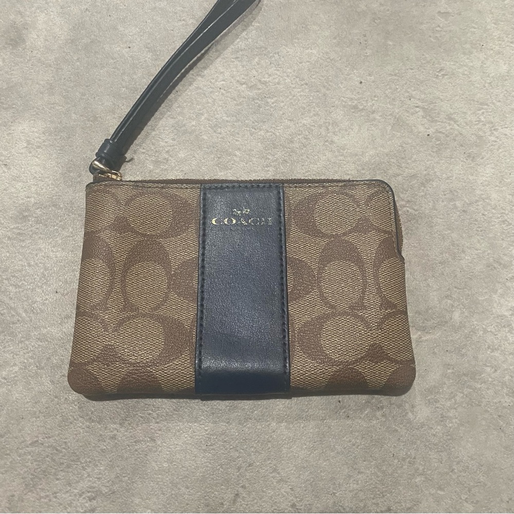 Coach Corner Zip Wristlet In Signature Canvas With Stripe Brown Navy